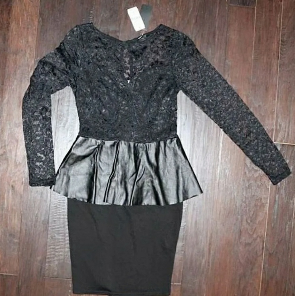 (New) A Black Laced Peplum Sheath Dress